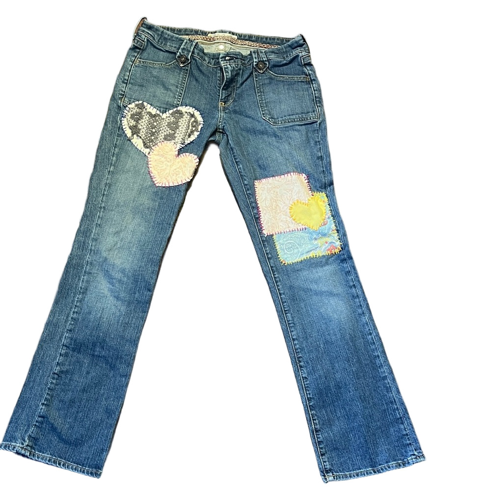 Upcycled Reworked Old Navy Flare Jeans Heart Appliqué Patchwork Romantic Boho